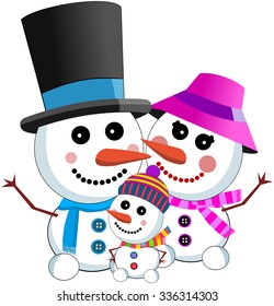 happy snowman family wearing scarf top hat isolated