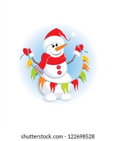 Happy snowman with festive garland.  Vector illustration.