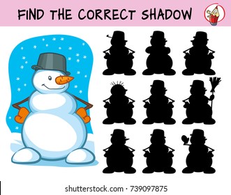 Happy snowman. Find the correct shadow. Educational matching game for children. Cartoon vector illustration