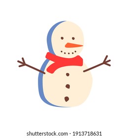 Happy snowman flat vector abstract element. Christmas decoration RGB color clipart. Winter season. Festive tradition. Snow man with scarf isolated organic shape on white background