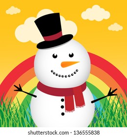Happy snowman in the forest