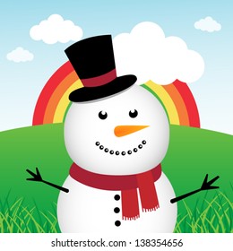 Happy snowman in the forest