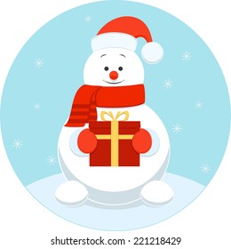 Happy snowman with a gift