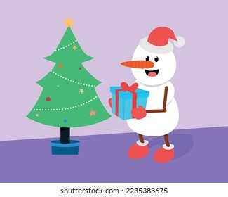 Happy snowman with a gift in his hands admiring a christmas tree