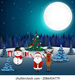 Happy snowman with gifts. Santa claus and reindeer greet 