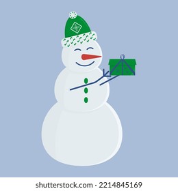 Happy Snowman in a green cap with a Present 