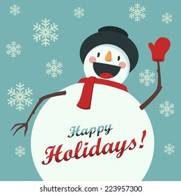 Happy Snowman greets you. Christmas background with snowflakes. Card for the New Year or Christmas