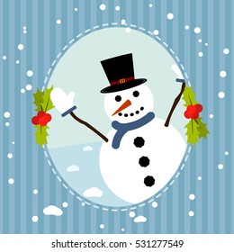Happy snowman greets you. Christmas background with snowman. Retro style card for the New Year or Christmas. Vector illustration.
