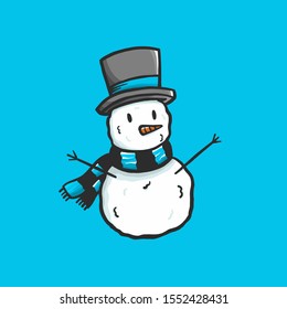 happy snowman with hat and blue scarf in blue bacground
