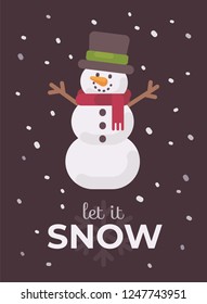 Happy snowman in a hat Christmas greeting card. Let it snow