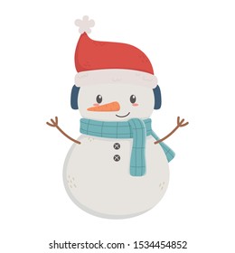 happy snowman with hat and scarf celebration merry christmas vector illustration