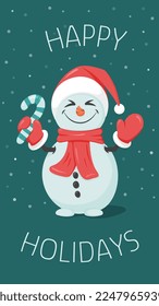 Happy snowman in hat with scarf and gloves raising his arms with green candy cane. Happy holidays christmas season design, vector graphic. Stories, greeting vertical banner, postcard concept.