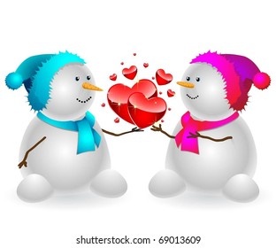 Happy snowman with a heart, isolated on a white background. Vector illustration.