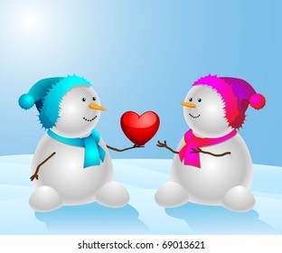 Happy snowman with a heart on the natural background. Vector illustration.