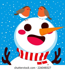Happy snowman with his two robin birds friends together on his head on winter snowfall background