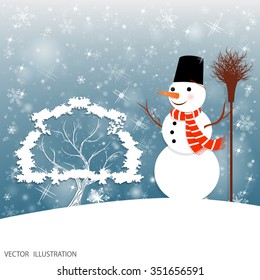 Happy snowman holding blank banner, winter background, Christmas greeting card. Vector illustration.