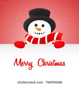 Happy Snowman holding a card with Christmas wishes on background with snowflakes. Vector.