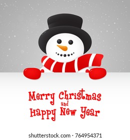 Happy Snowman holding a card with Christmas wishes on background with snowflakes. Vector.