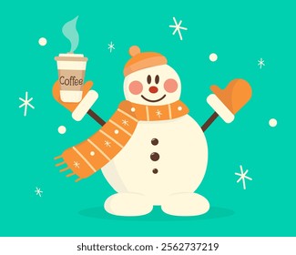 Happy snowman holds a cup of coffee isolated on a green background. Vector illustration for Christmas and New Year designs.