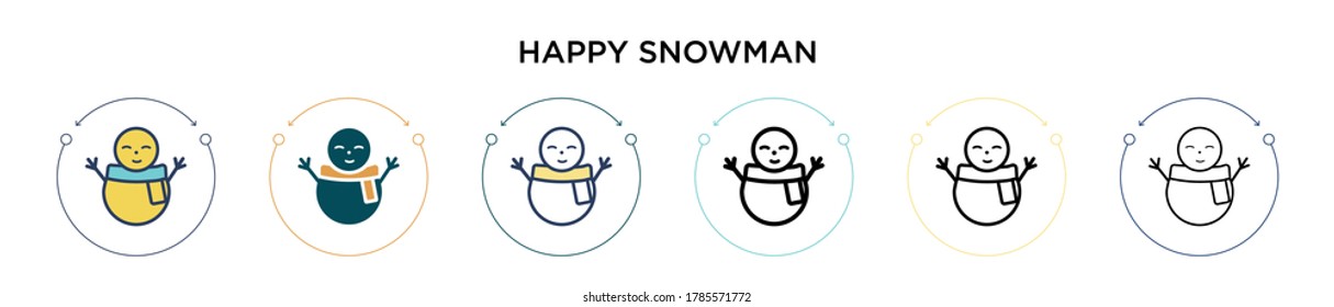 Happy snowman icon in filled, thin line, outline and stroke style. Vector illustration of two colored and black happy snowman vector icons designs can be used for mobile, ui, web