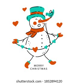 Happy snowman icon with heart and garland. Christmas winter holiday vector illustration. Merry Christmas hand drawn card in doodle style. Traditional New Year symbol.