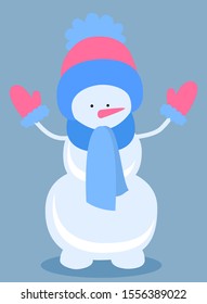 Happy snowman with knitted hat and mittens vector illustration. Snow man holding hands up.