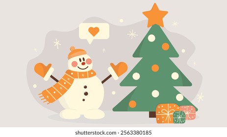  A happy snowman looks at a Christmas tree with presents. Vector illustration on an isolated background.