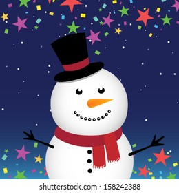 Happy snowman in the night sky