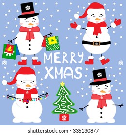 Happy snowman on blue background. Vector.