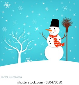 Happy snowman on a winter background, Christmas card. Cute snowman in a hat and scarf.