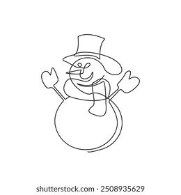 Happy Snowman One Line Drawing. Merry Christmas Illustration for Winter Holiday Design. Vector EPS 10	