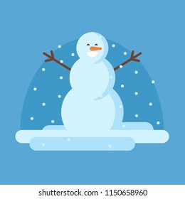 Happy Snowman with open arms. Merry Christmas scene with cartoon snowman standing under snowfall. Concept vector illustration.