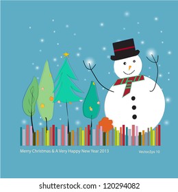 Happy snowman and pine tree,Christmas card,Vector Eps10