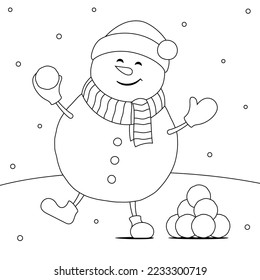 Happy snowman playing a snow ball fight game, coloring book page outline vector illustration.