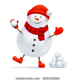 Happy snowman playing a snowball game. Vector illustration of smiling Santa Claus, standing near the bunch of snowballs and holding a snowball in his hand. Character for Christmas design decoration.