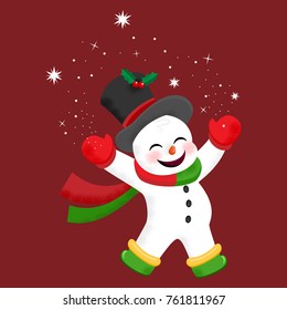 Happy snowman playing with snowflakes.