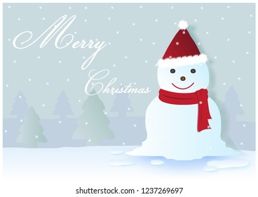 Happy snowman in polar bear shape wear a red scarf and Santa hat among the snowfall on ice floor with wording of Christmas on pine trees forest covered by snow and blue background.