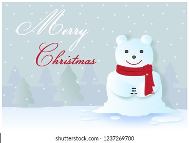 Happy snowman in polar bear shape wear a red scarf among the snowfall on ice floor with wording of Christmas on pine trees  forest covered in snow and blue background.