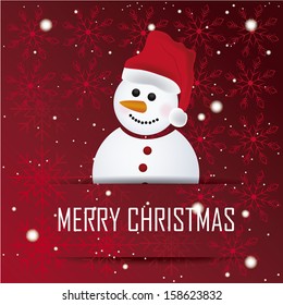 a happy snowman with a red hat in a red background with snowflakes