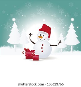 a happy snowman with a red hat and some presents in a blue white background