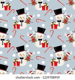 Happy snowman with reindeer wears Santa hat and red scarf, gift box, candy canes and snowflakes seamless pattern on light gray background. Vector illustration.