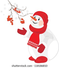 A happy snowman with rowan branch. Vector