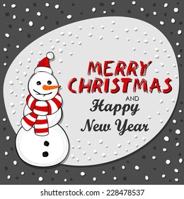 Happy snowman in Santa Claus hat and colorful scarf winter holidays card on dark background with Christmas wishes in English