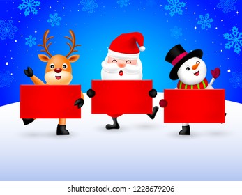 Happy Snowman, Santa Claus and Reindeer holding blank advertisement banner background. Christmas theme concept. Illustration.