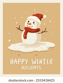 Happy snowman with santa hat. Happy winter holidays. Flat vector illustration