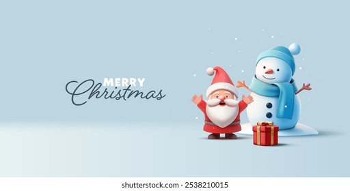 Happy snowman, Santa with raised hands, red gift, 3D. Merry Christmas, celebration banner. Holiday party. Vector illustration.