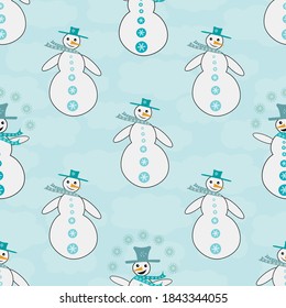 Happy snowman seamless vector pattern background. Fun snowmen dressed in blue hats and scarves on cloud textured pastel backdrop. Hand drawn geometric illustration. All over print for winter concept.