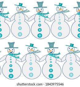 Happy snowman seamless vector pattern background. Fun backdrop with alternating rows of snowmen dressed in blue hats and scarves holding hands. Hand drawn geometric all over print for winter concept.