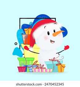 Happy snowman sitting among gifts. Christmas presents, joy, Santa hat. Can be used for topics like Christmas, character, giveaway