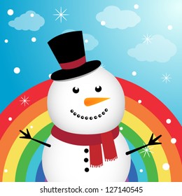 Happy snowman in the sky with rainbow